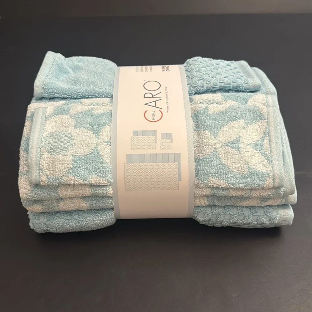 💥6pc CARO HOME 100% Cotton Bath Towel Set With Flowers - Pearl Blue - Blue/White